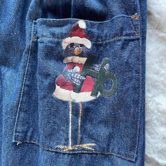 š„Vintage St. Joanne Jeans USA Made Denim Jumper Dress Santa Birds Pockets Sz L - Picture 4 of 9